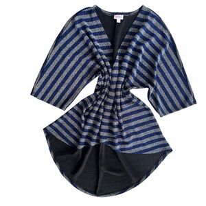 Lularoe Women’s Med Blue Silver Metallic Striped Open Front Lindsay Mid Cardigan